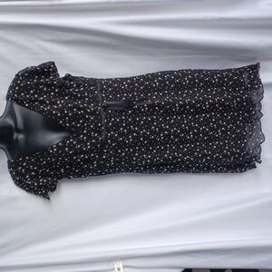 Maggy London silk black cream polka dot dress short flutter sleeve 14, 21" PTP